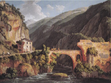 J. P. Hackert (1780): Veduta di una parte del Convento di S. Cosimato con il ponte moderno sull'Aniene e una parte dell'acquedotto Claudio